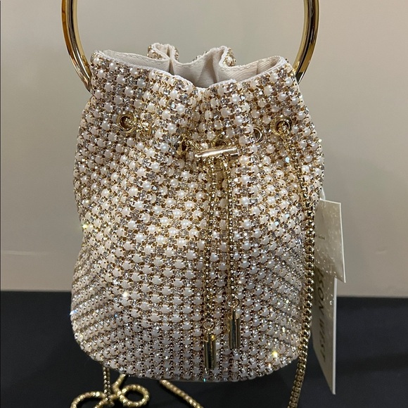 Madison West Handbags - Madison West | Gold Rhinestone & Pearls Mini Tote w/Crossbody Strap